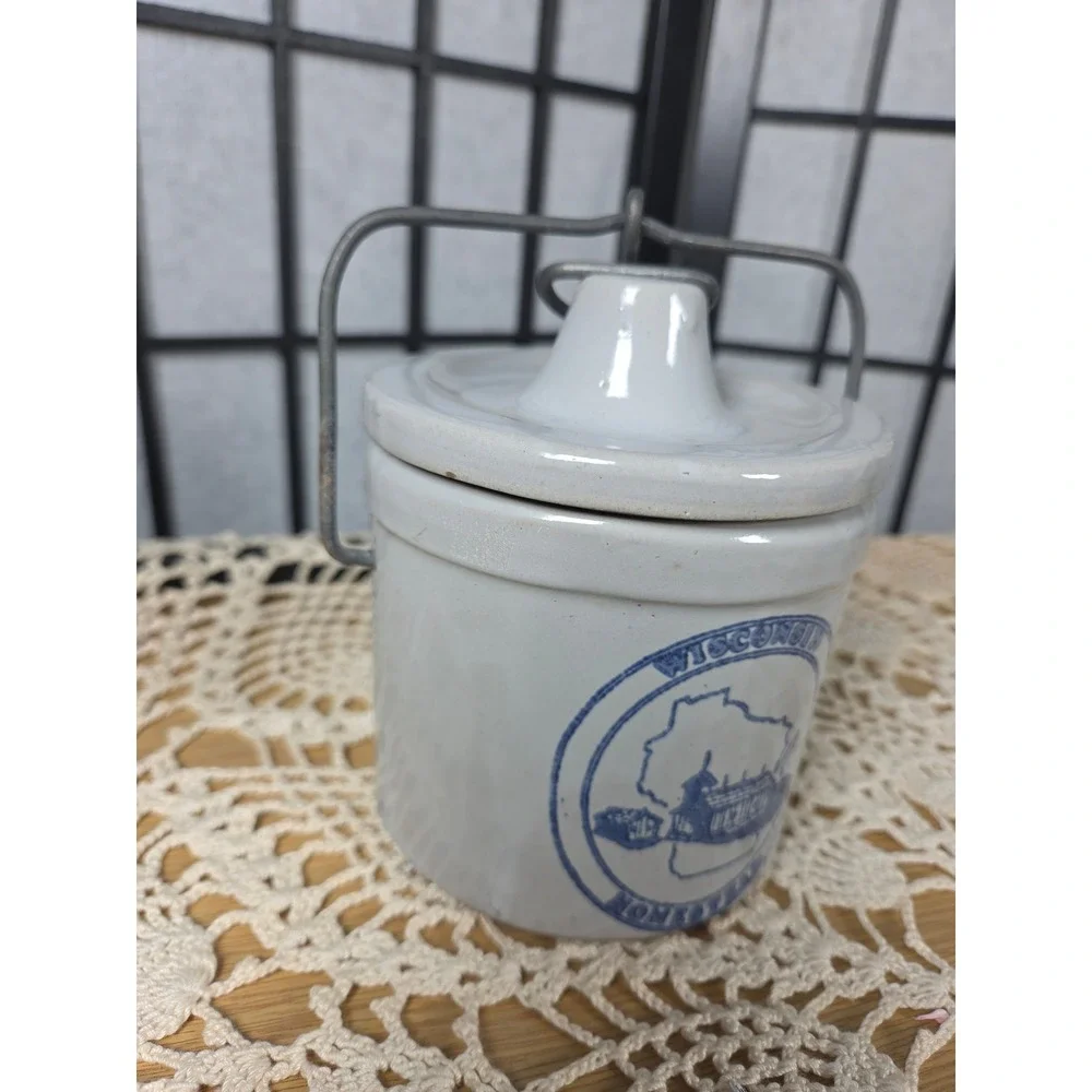 Vintage Wisconsin Homestead Stoneware Crock with Lid and Wire Bail Handle